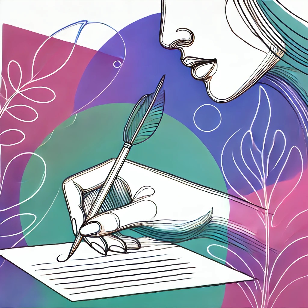Contact Illustration d'un femme rédigeant un courier, illustration de page contact du site Méno.com, parlons ménopause sans complexe !
